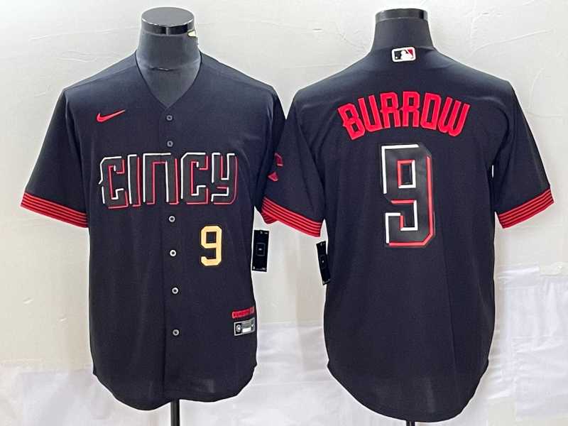 Mens Cincinnati Reds #9 Joe Burrow Number Black 2023 City Connect Cool Base Stitched Baseball Jersey1->cincinnati reds->MLB Jersey